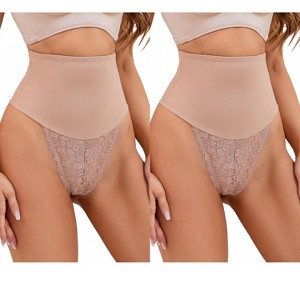 INSPIRE CHIC 2 Pcs Women's Lace Tummy Control Thongs High-Waisted Hi-Cut Control Panties - 1 of 4