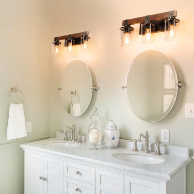 TOBILI 19" Rustic 3-Light Vanity Light,Industrial Bathroom Wall Sconce with Glass Shades and Wood Accent,Modern Farmhouse Lighting Fixture (No Bulbs)