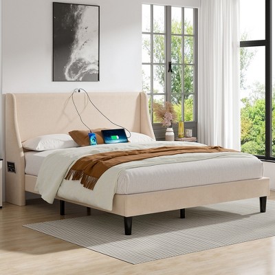 VECELO Upholstered Full/Queen Size Bed Frame with Headboard & Wingback, Platform Bed with USB & Type-C Ports