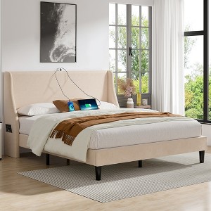 VECELO Upholstered Full/Queen Size Bed Frame with Headboard & Wingback, Platform Bed with USB & Type-C Ports - 1 of 4
