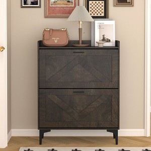 TIRAMISUBEST Shoe Cabinet with 2 Flip Drawers& Open Shelves - Brown Mobile File Cabinet - 1 of 4