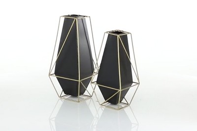 Eclectic Black and Gold Metal Geometric Vase Duo