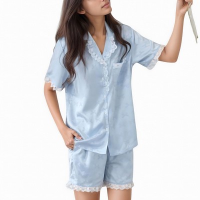 Anna-Kaci Lounge Women's Short Sleeve Satin Pajama Set with Button Down Top Elastic Waist Shorts and Lace Trim Detail