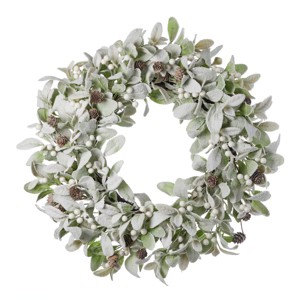 Christmas Snowy Lambs Ear and Holly Berry 24in Wreath-White - 1 of 4