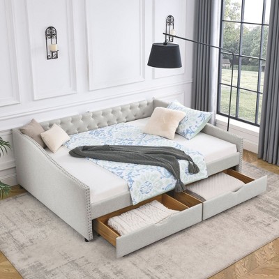 NicBex 84.5" Daybed with Trundle Upholstered Queen Daybed with Waved Shaped Arms Daybed with Storage for Living Room