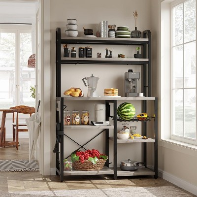 Bakers Rack with Power Outlet, Kitchen Microwave Stand with Storage Shelves, Large Coffee Bar Station, Metal Frame