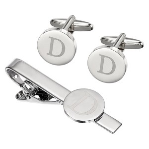 Unique Bargains Copper Engraved Initial Men Cufflinks and Tie Clip Bar Set Silver - 1 of 4