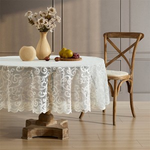 HLC.ME Scroll Lace Fabric Table Cloth for Round Tables, Wrinkle Resistant, Patterned Scalloped Tablecloth - 1 of 4