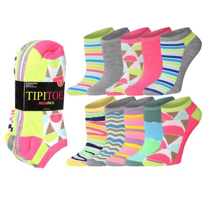 Tipi Toe Womens 10 Pairs Neon Zigstripe Pattern & Mix Colors For Vibrant Style Low Cut/No Show Socks
