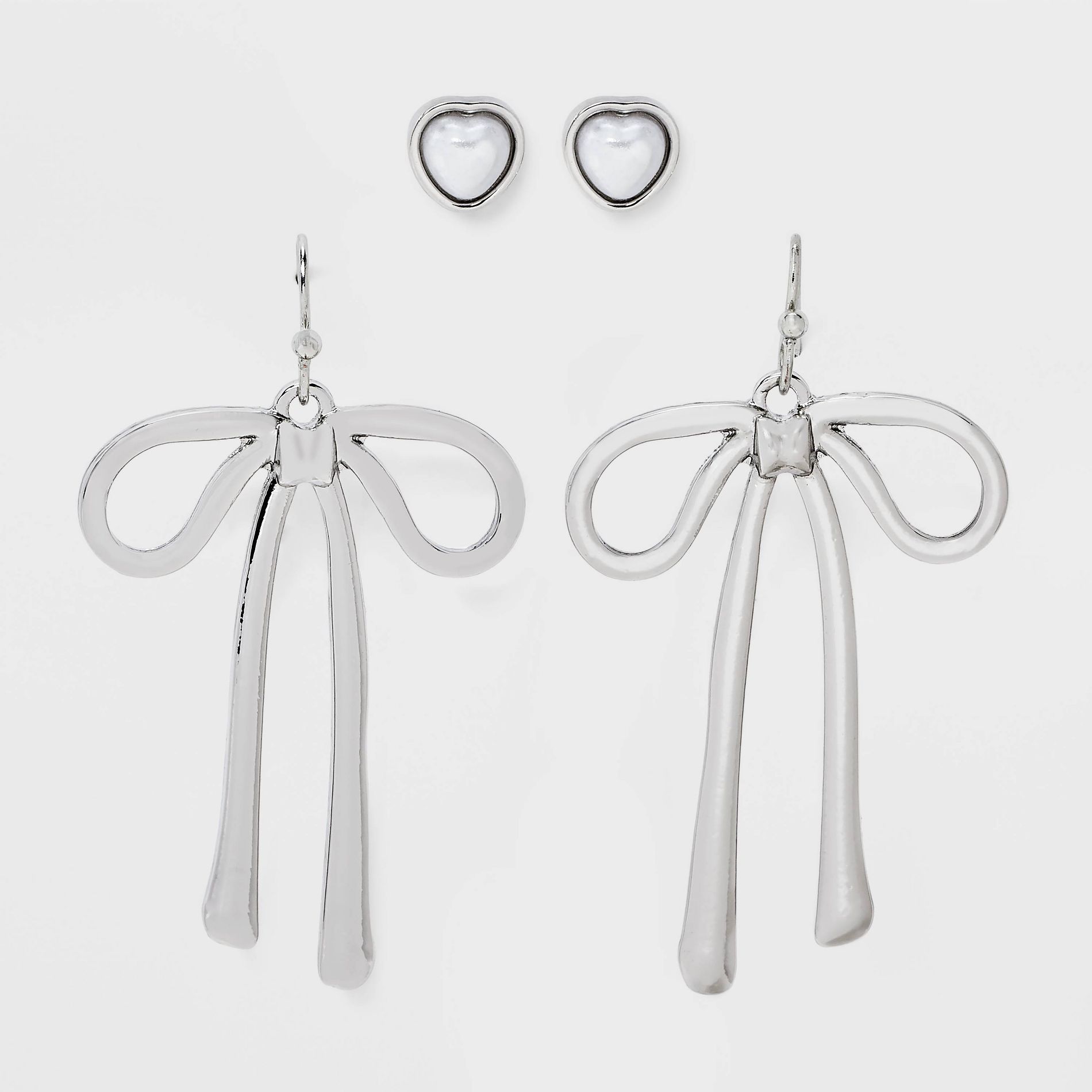 Pearl Heart and Bow Drop Earring Set 2pc - Wild Fable™ Silver