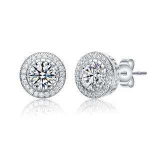 Chic Round Halo Stud Earrings Showcasing Clear Cubic Zirconia, Perfectly Designed to Add a Touch of Classic Elegance and Sparkle to Any Outfit - 1 of 4
