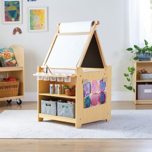 Guidecraft Kids Desk to Easel Art Cart - Natural: 3-in-1 Wood Art Easel & Craft Activity Table, Chalkboard, Paper Roller, Paint Cups & Storage Bins - 1 of 4