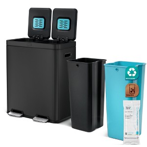 Home Zone Living 16 Gallon Stainless Steel Kitchen Trash and Recycling Can with CleanAura Odor Control and Soft Close Lids, Black - 1 of 4