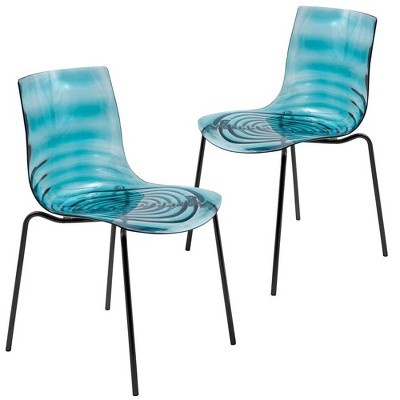 LeisureMod Astor Acrylic Dining Chair - Water Ripple Design & Black Stainless Steel Legs, Stackable Accent Side Chair, Set of 4