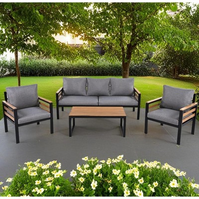 4-Piece Outdoor Iron Cnversation Sofa Set with Solid Wood Coffee Table and Removable Cushion