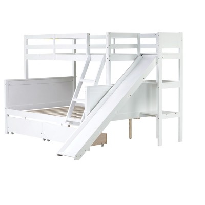 NicBex Twin Over Full Bunk Bed with Slide and Guardrail,Twin Loft Bed with Ladder and 2 Drawers and Shelves,Rubber Wood Bunk Beds for Bedroom