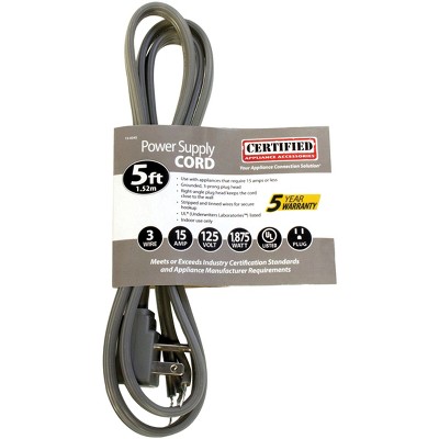 Certified 15-Amp Gray Appliance Power Cord with Right-Angle Plug, 5 Feet