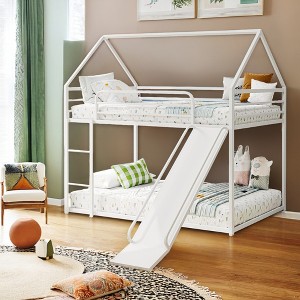 ELJGET Metal House Bunk Bed with Slide, Ladder & Safety Guardrail, Heavy Duty Metal Low Bunk Bed with House Shape & Roof - 1 of 4