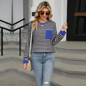 Coolmee Women's Striped T-Shirts Fall Casual Long Sleeve Round Neck Pullover Tops Loose Fit Contrast Color Side Slit Blouses with   XL Black - 1 of 4
