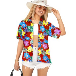LA LEELA Women's Blouse Summer Short Sleeve Vacation Beach Tops Summer Hawaiian Tie Up Shirts Top Tunics for Women - 1 of 4