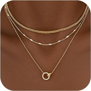 Layered Gold Necklace Set for Women, 14K Gold/Silver Plated CZ Circle Pendant & Cuban Chain - 1 of 4