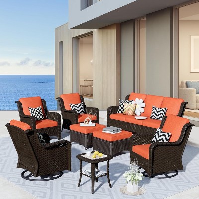XIZZI Wicker Patio Furniture Set with 3-Seat Sofa, Swivel Rocking Armchairs & Ottomans & Side Table, Modular Sectional Outdoor Conversation Sofa Set