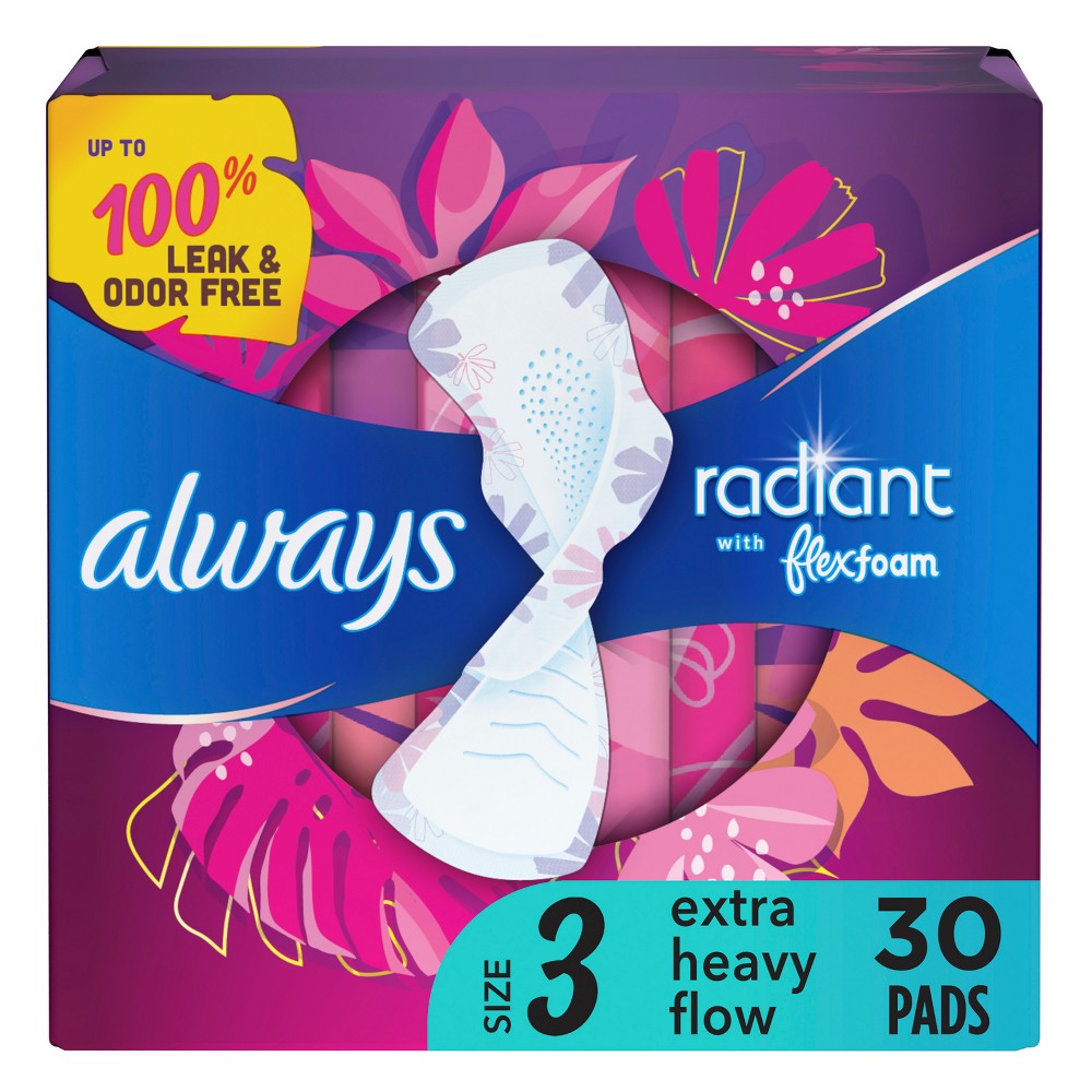 Always Radiant Extra Heavy Flow Absorbency with Flex Foam Pads - Scented - Size 3 - Size 3 - 30ct