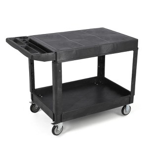 Service Cart - Large Heavy-Duty Plastic Flat Top (45.8 x 25 Inch), 2-Tier with 360¡ã Swivel Wheels (2 with Brakes), 550 lbs Capacity, Black - 1 of 4