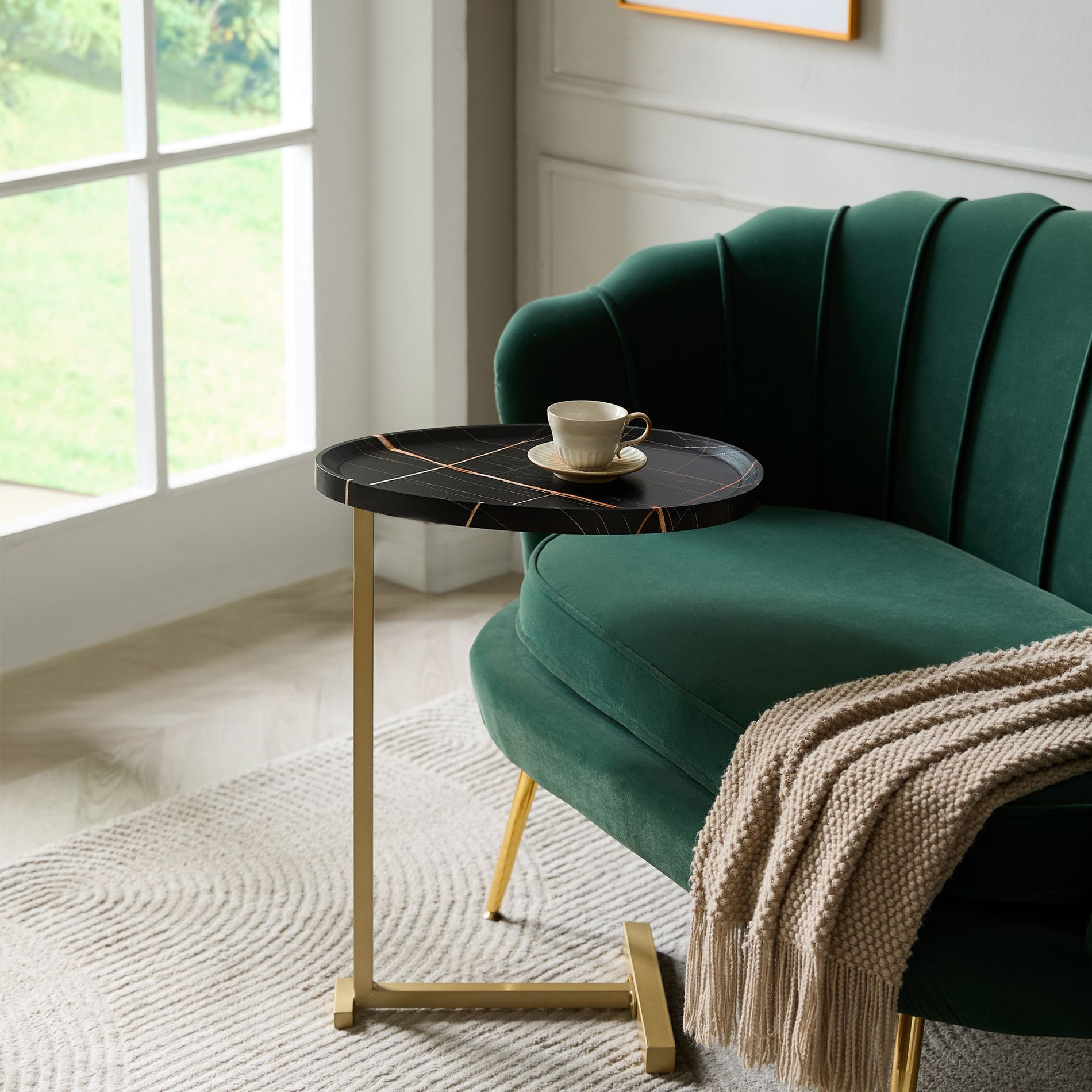 Kings Brand Furniture C-Shaped Side End Table, Wood & Gold Metal Sofa Snack Table for Living Room, Bedroom or Bedside
