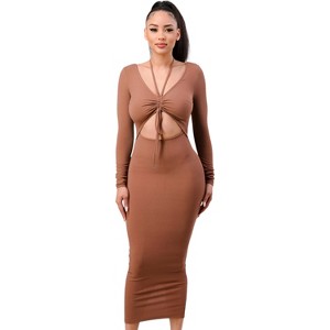 Slickblue Women's Long Sleeve Cut-Out Mini Dress, Front Shirring, Stretch Fabric, Mocha/Burgundy, Size S-L - 1 of 4