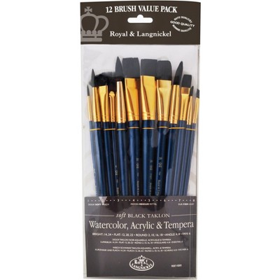 Royal Brush Zip N' Close Soft Black Taklon Long Wood Handle Paint Brush Set, set of 12
