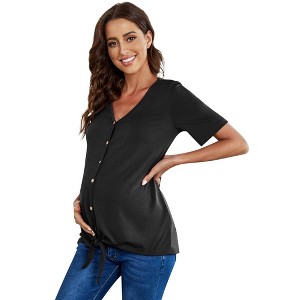 Women's Maternity Tops Shirts Short Sleeve V Neck T Shirts Casual Summer Button Nursing Tops Tie Knot Pregnancy Tunic Blouse - 1 of 4