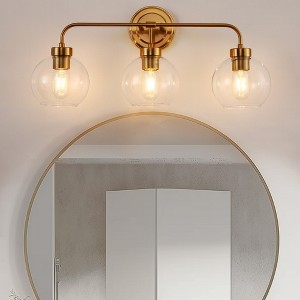 DORESshop 24 in. 3-Light Gold Mid-Century LED Globe Vanity Light Round Wall Fixture with Clear Round Glass Shades for Bathroom - 1 of 4