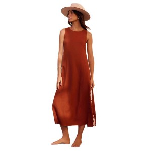 Coolmee Women's Year Round Casual Round Neck Loose Split Wrinkle Free Vacation  Maxi Dress - 1 of 4