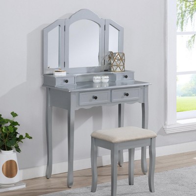 FURNIinspire Vanity Tables Wooden Makeup Vanity Desk Set Elegant Dressing Table with Drawers Stool Mirror for Bedroom, Silver, 31.5"*15.75"*55.11"