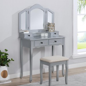 FURNIinspire Vanity Tables Wooden Makeup Vanity Desk Set Elegant Dressing Table with Drawers Stool Mirror for Bedroom, Silver, 31.5"*15.75"*55.11" - 1 of 4