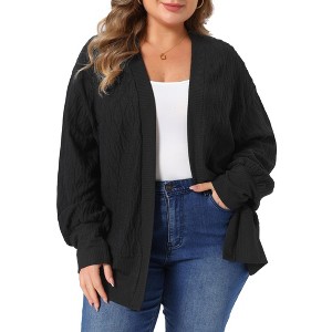 Women Plus Size Open Front Long Sleeve Rib Trim Cable Knit Soft