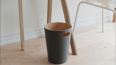 Natural and Charcoal Wood Bathroom Trash Can