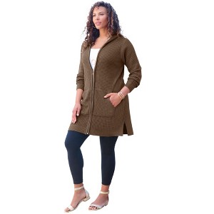 Roaman's Women's Plus Size Mega Length Waffle Zip Hoodie Sweater - 1 of 4