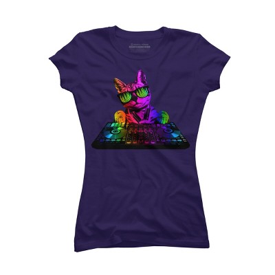 Junior's Design By Humans Cool Cat DJ By clingcling T-Shirt