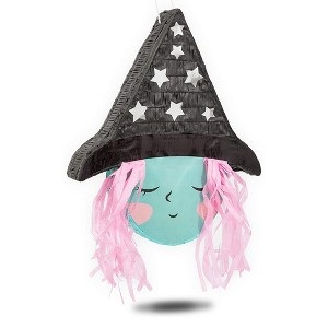 Spooky Central Cute Witch Pinata for Halloween Party Supplies Decorations, Silver Foil Stars Hat with Pink Hair for Kids and Adults - 1 of 4