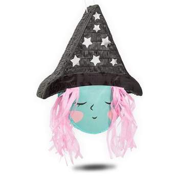 Spooky Central Cute Witch Pinata for Halloween Party Supplies, Silver Foil Stars, Pink Hair, 16 x 13 x 3 In