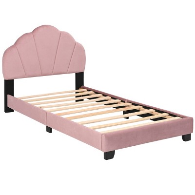 TopComfy Beds Upholstered Twin Size Platform Bed Wooden Bed Frame with Slatted Bed Base Cute Bed Frame with Shell for Kids, Pink, 45.5"*25.5"*6.25"