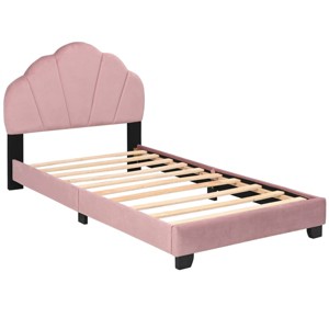 TopComfy Beds Upholstered Twin Size Platform Bed Wooden Bed Frame with Slatted Bed Base Cute Bed Frame with Shell for Kids, Pink, 45.5"*25.5"*6.25" - 1 of 4