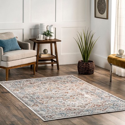 Beige and Ivory Synthetic 5' x 7' Washable Area Rug
