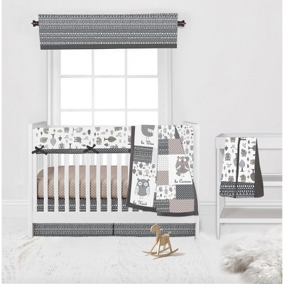 Bacati - Owls in the Woods Beige/Gray 6 pc Crib Bedding Set with Long Rail Guard Cover