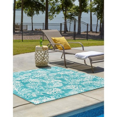 Teal and Ivory Synthetic Square Outdoor Rug