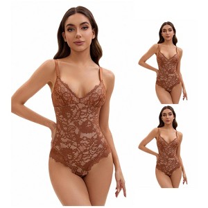 INSPIRE CHIC 3 Packs Women's V-Neck Tummy Control Bodysuit Sleeveless Floral Lace Leotard Body Shapers - 1 of 4