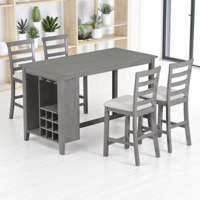 5-Piece Counter Height Dining Table Set with 4 Padded Chairs, Bar Wine Compartment & Wineglass Holders, Solid Rubber Wood, MDF Table for Dining Room