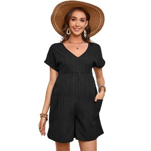 Womens Summer V Neck Short Sleeve Frill Shirred Jumpsuit Casual Beach Rompers with Pockets - 1 of 4